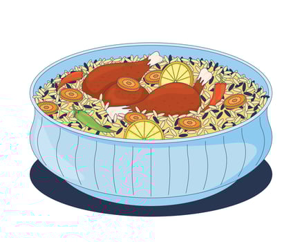 Chicken pulao biryani with lemon, carrot and peppers 2D cartoon object. Basmati rice with chilies and chicken legs. Indian cuisine isolated element flat clip art on white. Spot illustration vector