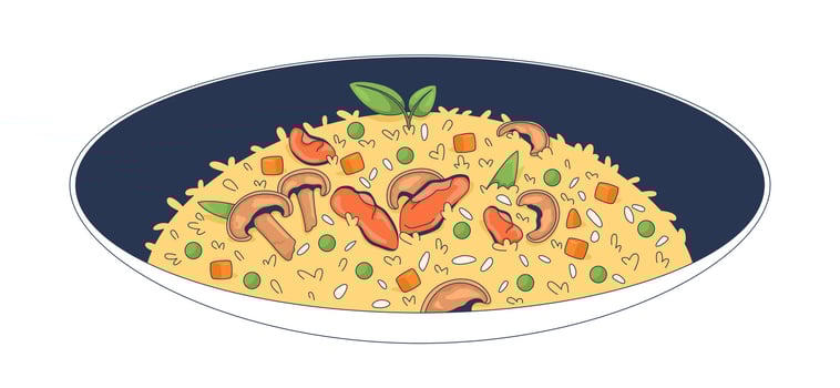 Vegetable fried rice with mushrooms and mussels 2D cartoon object. Stir fry plated dish with carrots, peas and herbs. Cooked meal isolated element flat clip art on white. Spot illustration vector