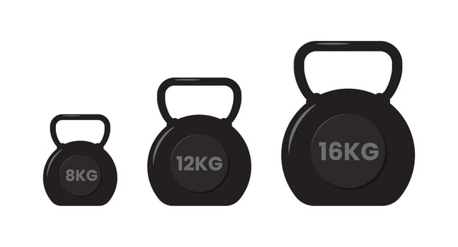 Gym kettlebell icon. Set of different weight kettlebells. Illustration of weight equipment. Kettlebell for sports hall. Black kettlebell isolated on white background vector