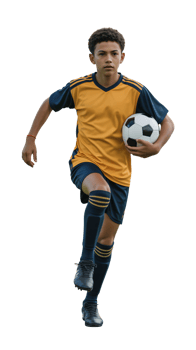 A young man in a yellow and black soccer uniform is holding a soccer ball png