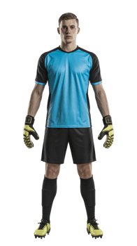 A soccer player in a blue jersey and black shorts png