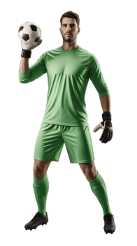 A man in green soccer gear holding a soccer ball png