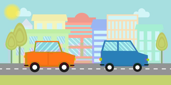 Road with two cars and houses with trees in flat style vector