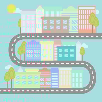 Road with houses and trees in flat style vector