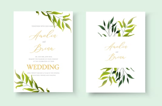 Wedding greenery leaves golden invitation card save the date design vector