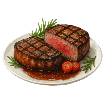 Steak with tomato and rosemary on a plate png