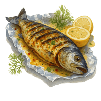A fish with lemon slices on a plate png