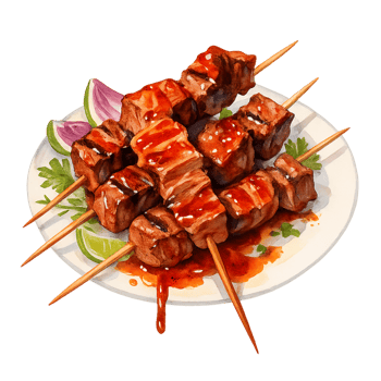 A plate with meat on skewers and a slice of lime png