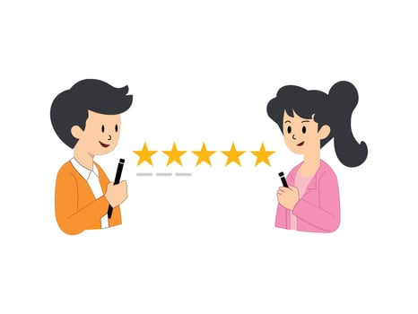 A people evaluating app, product, service. People giving five stars. User experience feedback concept. Trendy flat illustration vector