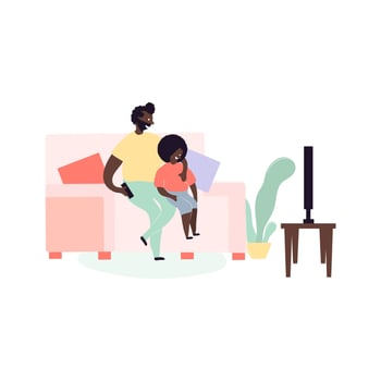 Single black father and son african americans sitting on sofa watching TV vector