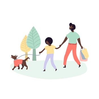 Single black father and son african americans walking outdoors on street park with dog vector