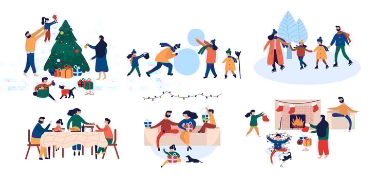 Collection of family enjoying Christmas holiday home outdoor activity vector