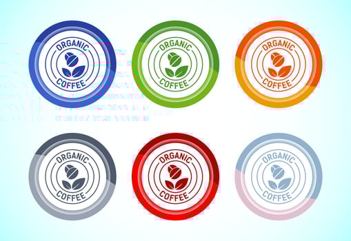 Organic coffee icon design, eco friendly coffee, Organic coffee badge sign 6 color button design set vector