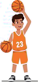 Boy playing basketball in orange sportswear holding two balls illustration vector