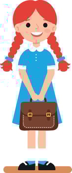 Schoolgirl with red hair holding brown satchel standing smiling illustration vector