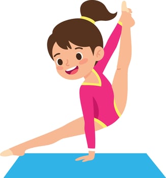Girl practicing pink leotard gymnastics on blue mat illustration vector