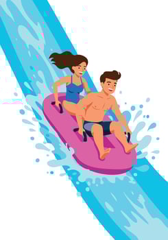 Young couple riding pink inflatable tube down water slide in summer fun activity vector