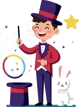 Young magician performing magic trick with rabbit and top hat illustration vector