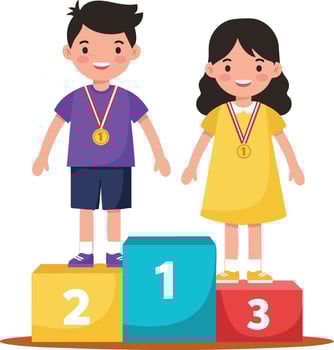 Children standing on winners podium wearing gold medals for competition victory vector