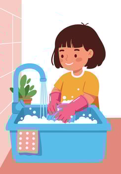 Child washing dishes in blue sink with pink gloves and yellow shirt illustration vector