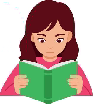 Girl Reading Green Book Focused Learning Concept Illustration with Brown Hair vector