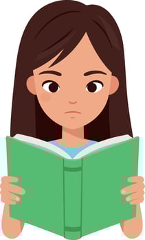 Young girl reading green book focused emotion illustration vector