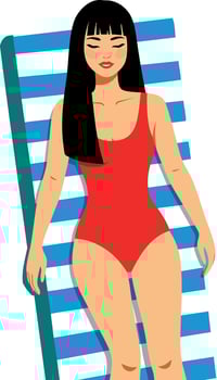 Woman in red swimsuit relaxing on blue striped beach chair summer leisure illustration vector