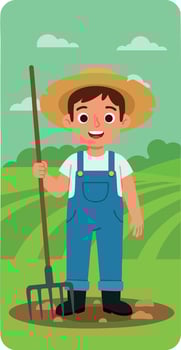 Young farmer boy standing in green field with pitchfork illustration vector