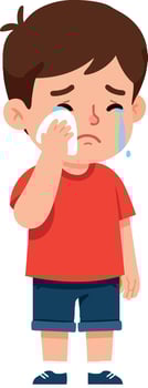 Crying boy wiping tears with tissue wearing red shirt and blue shorts illustration vector