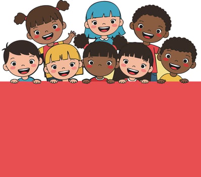Diverse group of happy children holding red banner in cheerful cartoon style vector