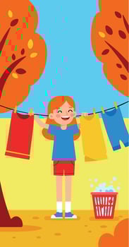 Girl Hanging Clothes Outdoors in Autumn with Orange Trees and Blue Sky Illustration vector
