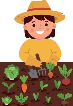 Child Gardening Planting Vegetables with Hat and Tools Illustration vector