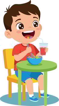 Happy boy eating breakfast cereal with glass of juice at table in colorful room illustration vector
