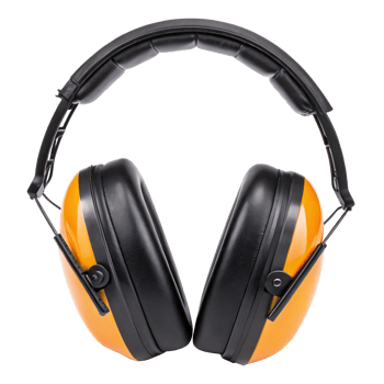 Orange and black ear protection earmuffs isolated on white background with transparency png