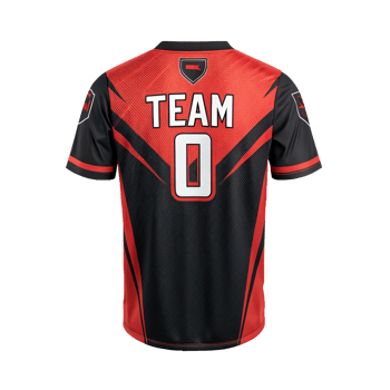 Red and black esports jersey mockup featuring team zero on transparent background png