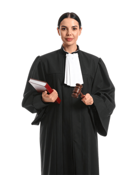 Female Judge in Black Robe Holding Gavel And Notepad Against Transparent Background png