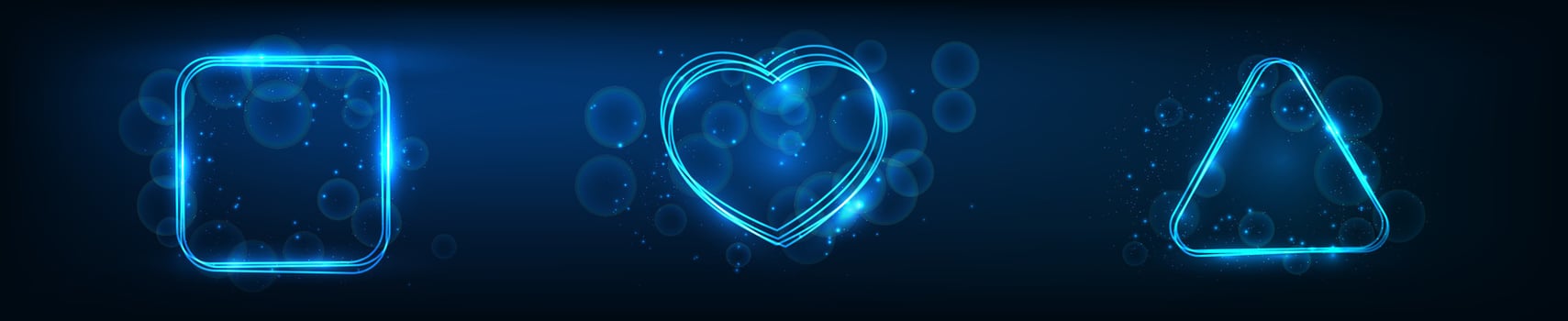 Set of three neon frames with effects and sparkles on dark background. Empty glowing techno backdrop. illustration vector