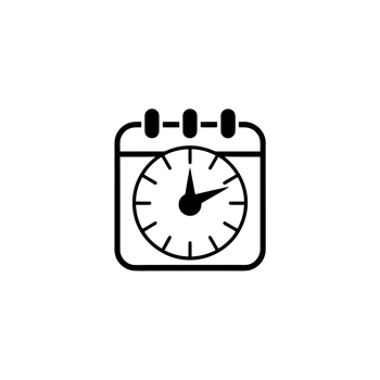 A minimalist icon features a clock set within a square shape resembling a calendar, suggesting concepts of scheduling or time management. cutouts png