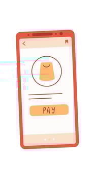 Smartphone displaying a payment app interface in a flat design. Mobile device features user order screen with buy button. Designed for online commerce and digital transactions, perfect for e vector