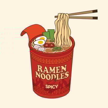 Spicy ramen noodles cup illustration with chopsticks and hot toppings in bold red packaging vector