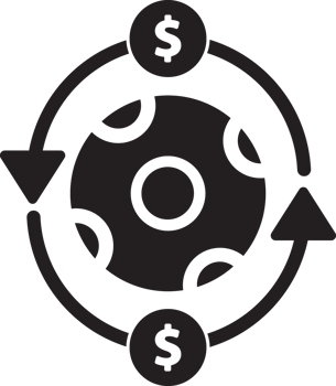 black soccer ball icon with wheel with arrows and dollar signs png