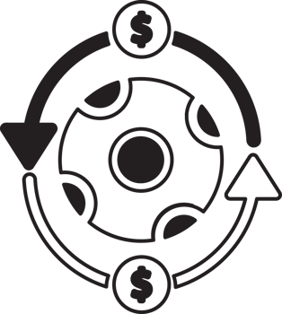 football icon with wheel with arrows and dollar signs png