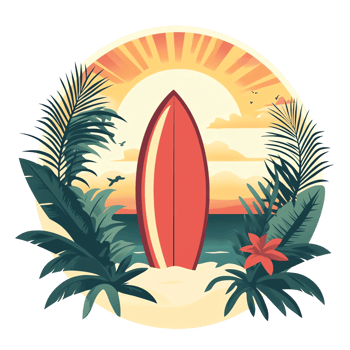 surfboard on the beach with palm trees and sun png