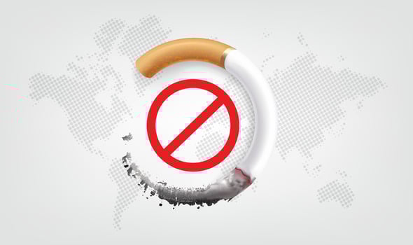 Horizontal illustration of cigarettes and a world map on World Anti-Smoking Day vector