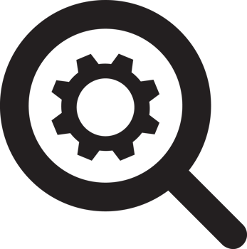 black search magnifying glass icon with gears and gear icon png