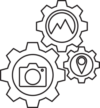outline gears with camera, map and compass icon png