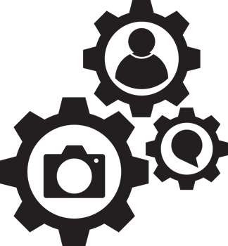 black gears with camera, speech bubble and person icon png