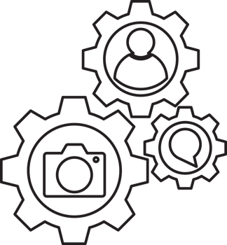 outline gears with camera, speech bubble and person icon png
