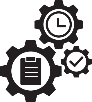 black gear with clock, clipboard and check mark icon png