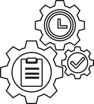 outline gear with clock, clipboard and check mark icon png